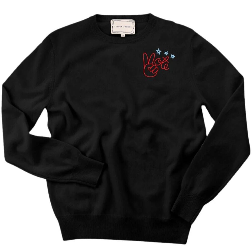 Lingua Franca Black Peace Vote Embroidered Cashmere Crewneck Sweater Size 2X